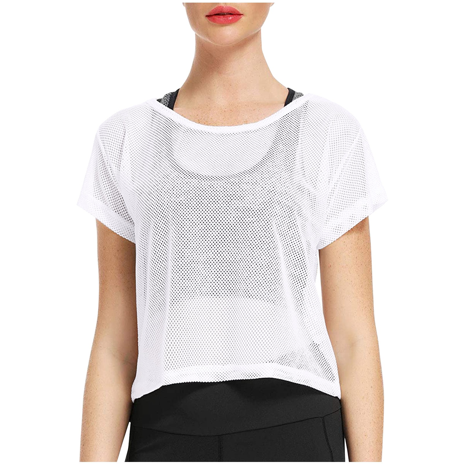 thumbnail image 4 of Top corto de malla transparente para mujer - Camiseta de manga corta de rejilla, poliéster, informal/fiesta, S-XL, múltiples ocasiones, 4 of 8